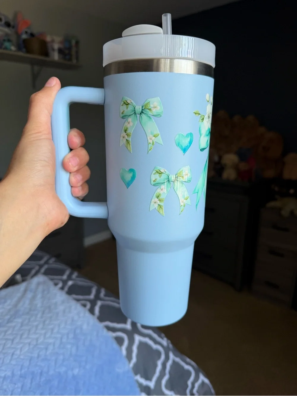 Customized Light Blue Floral Heart Travel Tumbler with Handle and Straw